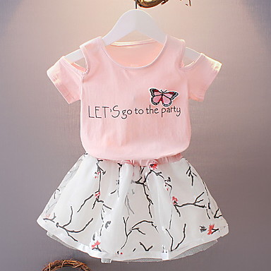 baratos Conjuntos para Meninas-Infantil Para Meninas Básico Estampado Manga Curta Conjunto Branco