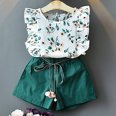 baratos Conjuntos para Meninas-Infantil Para Meninas Básico Geométrica Sem Manga Conjunto Branco