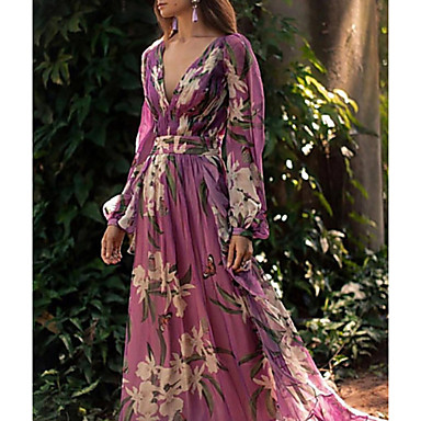 baratos Vestidos Longos-Mulheres 2020 Longo Roxo Vestido Elegante Outono Férias Praia balanço Floral Estampado Decote em V Profundo Estilo Floral S M