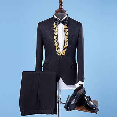 baratos Smokings &amp; Ternos-Preto / Branco / Vermelho Padrão Moderno Poliéster Terno - Xale Comum 1 Botão / Suits