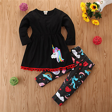baratos Conjuntos para Meninas-Bébé Para Meninas Casual Básico Esportes Para Noite Unicorn Animal Estampado Animal Estampado Manga Longa Padrão Padrão Algodão Conjunto Preto / Fofo