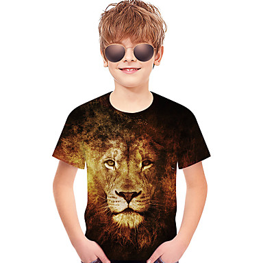 baratos Camisas para Meninos-Infantil Bébé Para Meninos Activo Básico Leão Geométrica Estampado 3D Estampado Manga Curta Camiseta Marron