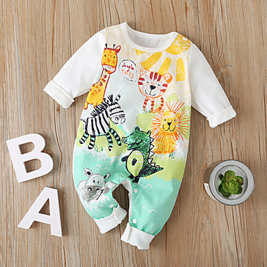 baratos Macacões &amp; Meninos Bodies de Bebê-bebê Para Meninos Activo / Boho Tigre / Leão / Dinossauro Estampado Estampado Manga Longa Jardineira &amp; Macacão Branco