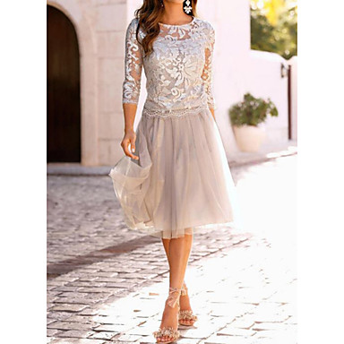 baratos Renda Romântica-Mulheres Bege Vestido Elegante Para Noite Evasê Sólido Renda Com Transparência M L Delgado