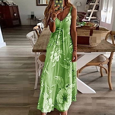 baratos Vestidos Longos-Mulheres 2020 Longo Fúcsia Lavanda Vestido Primavera Verão Feriado Praia balanço Floral Estampado Com Alças Estampado S M Delgado