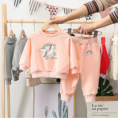 baratos Conjuntos para Bebês-bebê Para Meninas Básico Estampado Manga Longa Padrão Conjunto Rosa