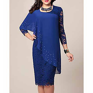 baratos Renda Romântica-Mulheres Tamanhos Grandes Verde Azul Vestido Para mãe Primavera Para Noite Tubinho Côr Sólida Renda Chifon Enrole S M