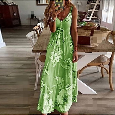 baratos Vestidos de Mulher-Mulheres Tamanhos Grandes Longo balanço Vestido - Sem Manga Floral Estampado Verão Decote V Casual Estilo Praia Diário 2020 Azul Roxo Rosa Fúcsia Verde Cinzento S M L XL XXL XXXL XXXXL XXXXXL