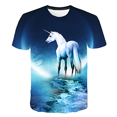 baratos Blusas para Meninas-Infantil Para Meninas Básico Moda de Rua Cavalo Estampa Colorida 3D Animal Estampado Manga Curta Camiseta Azul Claro