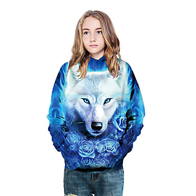 baratos Moletons Para Meninas-Infantil Para Meninas Activo Punk &amp; Góticas Leão Estampa Colorida 3D Animal Manga Longa Moleton &amp; Blusa de Frio Azul