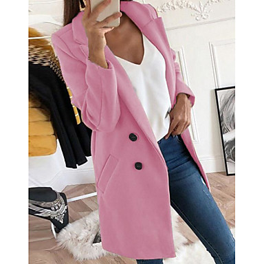 baratos Casacos de Mulher-Mulheres Diário Longo Casaco, Sólido Colarinho de Camisa Manga Longa Poliéster Amarelo / Rosa / Vermelho