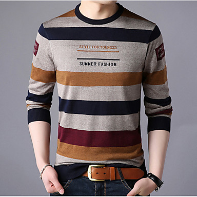 baratos Suéteres &amp; Cardigans Masculinos-Homens Listrado Manga Longa Pulôver Camisola Jumper, Decote Redondo Amarelo / Vermelho / Azul Marinha US32 / UK32 / EU40 / US34 / UK34 / EU42 / US36 / UK36 / EU44