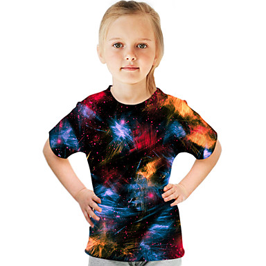 baratos Blusas para Meninas-Infantil Para Meninas Básico Moda de Rua Estampa Colorida 3D Estampado Manga Curta Camiseta Arco-íris