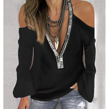baratos Tops Femininos-Mulheres Sólido Camiseta Diário Decote V Branco / Preto / Roxo / Vermelho / Verde / Azul Real