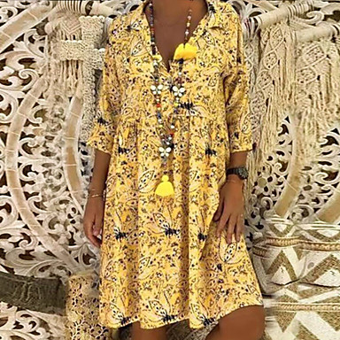 baratos Vestidos Estampados-Mulheres Evasê Vestido - Manga 3/4 Floral Estampado Primavera Verão Colarinho de Camisa Feriado Praia Solto Oversized 2020 Vermelho Amarelo Verde S M L XL XXL XXXL XXXXL XXXXXL