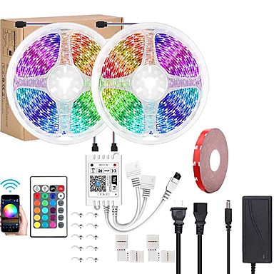 baratos Fitas e Mangueiras de LED-KWB 10m Faixas de Luzes LED Flexíveis Conjuntos de Luzes Luzes inteligentes 600 LEDs 5050 SMD 10mm 1 adaptador 12V 6A 1Setar o suporte de montagem WiFi Controller 1conjunto RGB Controle de APP