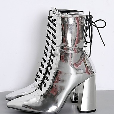 baratos Sapatos &amp; Bolsas-Mulheres Botas Primavera &amp; Outono Salto Robusto Dedo Apontado Diário Couro Ecológico Preto / Prata