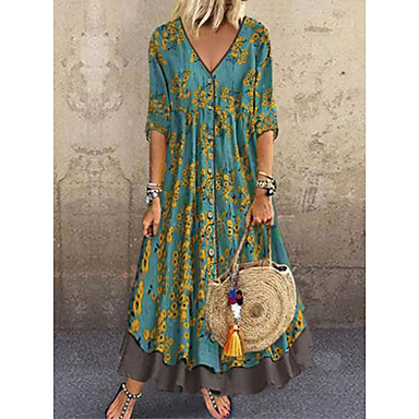 baratos Vestidos Longos-Mulheres Tamanhos Grandes Longo Evasê Vestido - Meia Manga Floral Multi Camadas Botão Estampado Primavera Verão Decote em V Profundo Casual Feriado Férias Solto 2020 Vermelho Verde Cinzento M L XL