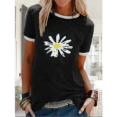baratos Blusas Femininas-Mulheres Gráfico Margarida Estampado Camiseta Básico Diário Preto / Azul / Roxo / Verde