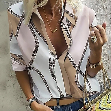 baratos Tops Femininos-Mulheres Geométrica Correntes Impressão Blusa Diário Casual Decote V Colarinho de Camisa Azul / Roxo / Verde / Marron / Cinzento