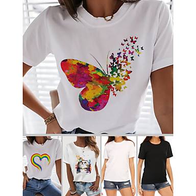 baratos Blusas Femininas-Mulheres Camiseta Arco-Íris Estampas Abstratas Borboleta Blusas - Estampado Decote Redondo 100% Algodão Básico Diário Primavera Verão Borboleta Branco Preto XS S M L XL 2XL
