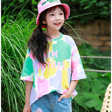 baratos Blusas para Meninas-Infantil Para Meninas Moda de Rua Tie Dye Meia Manga Camiseta Amarelo