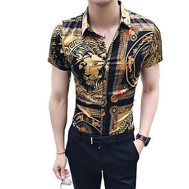 baratos Camisas Masculinas-Homens Gráfico Estampado Camisa Social Sensual Moda de Rua Diário Para Noite Dourado