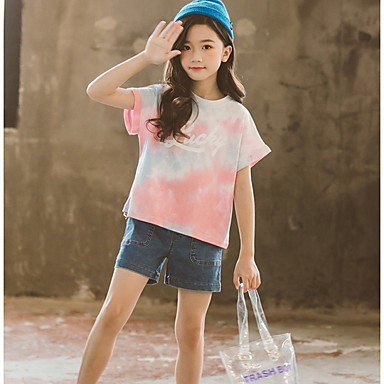 baratos Blusas para Meninas-Infantil Para Meninas Moda de Rua Tie Dye Manga Curta Camiseta Rosa