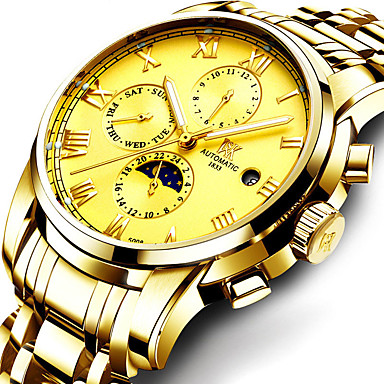 baratos Relógios Elegantes-WEISIKAI Homens relógio mecânico Automático - da corda automáticamente Estilo Moderno Fashion Aço Inoxidável Impermeável Calendário Noctilucente Analógico Luxo Cara grande - Preto / Prateado Black