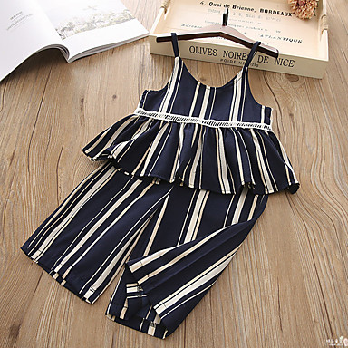 baratos Conjuntos para Meninas-Bébé Para Meninas Activo Boho Escola desgaste Festival Azul e Branco Listrado Patchwork Estampado Sem Manga Padrão Padrão Conjunto Azul Marinha