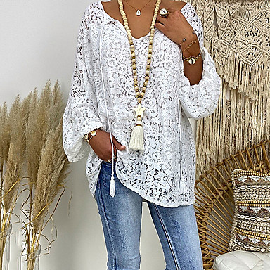 baratos Blusas-Mulheres Floral Renda Solto Blusa - Renda Casual Diário Decote V Branco