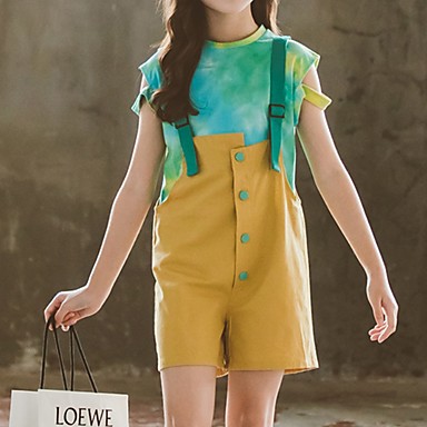 baratos Conjuntos para Meninas-Infantil Para Meninas Básico Estampa Colorida Manga Curta Conjunto Verde