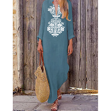 baratos Vestidos de Mulher-Mulheres Longo Reto Vestido - Manga Longa Geométrica Renda Decote em V Profundo Boho Feriado Férias Praia Solto Boho Amarelo Khaki Verde Azul Marinha Cinzento S M L XL XXL XXXL