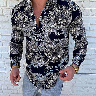 Vintage Mens Casual Floral Printed Shirts Man Long Sleeve Slim Patchwork Pattern Shirt Male Ethnic Wind Tops 