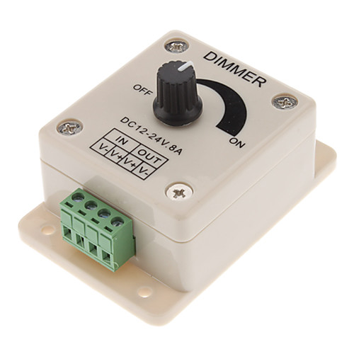 

DC12-24V 8A PWM Manual Knob Dimmer Controller, 0%-100% PWM Dimming Control, Brightness LED Dimmer Switch for 5050/3528 Single Color LED Strips, Ribbon Lights, Tape Lights or Other LED Products
