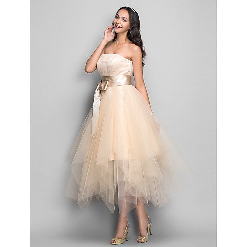 

Ball Gown Cute Cocktail Party Prom Dress Strapless Sleeveless Tea Length Satin Tulle with Sash / Ribbon Bow(s) 2021