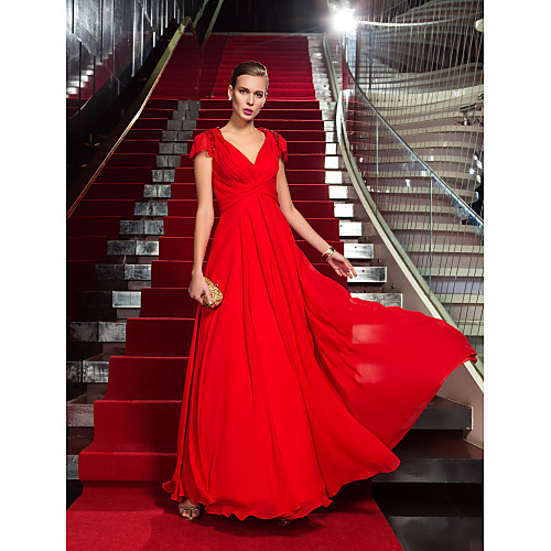 

Sheath / Column Celebrity Style Elegant Inspired by Emmy Holiday Cocktail Party Formal Evening Dress V Neck Short Sleeve Floor Length Chiffon with Criss Cross Beading 2021