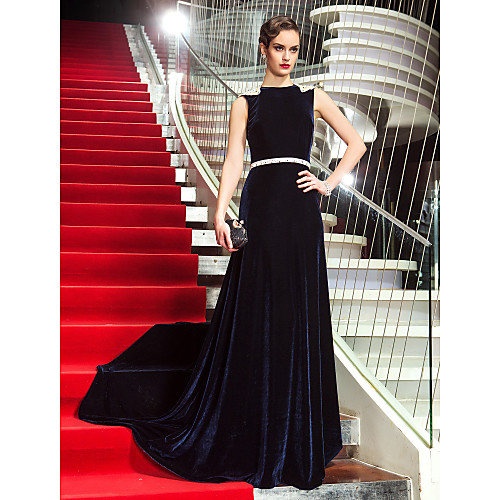 

A-Line Celebrity Style Vintage Inspired Formal Evening Military Ball Dress Scoop Neck Sleeveless Sweep / Brush Train Velvet with Beading 2021