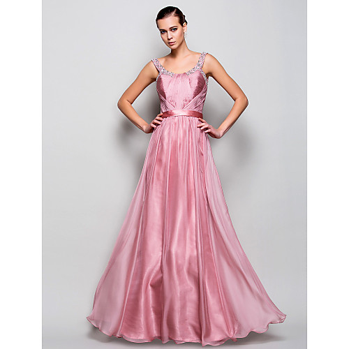 

Ball Gown Open Back Prom Formal Evening Military Ball Dress Straps Sleeveless Floor Length Chiffon with Sash / Ribbon Ruched Beading 2021