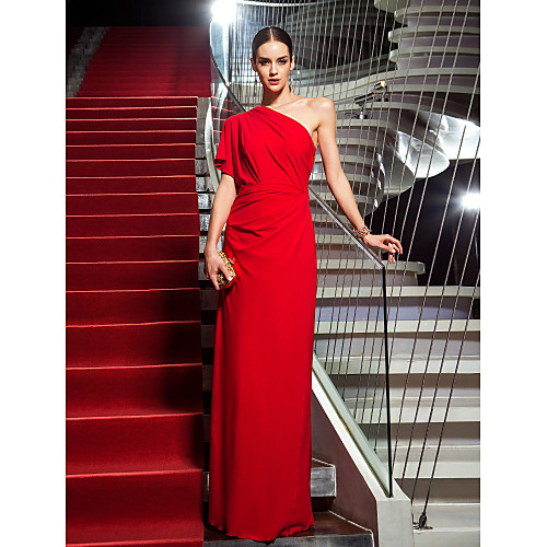 

Sheath / Column Elegant Formal Evening Black Tie Gala Dress One Shoulder Short Sleeve Floor Length Jersey with Side Draping 2021