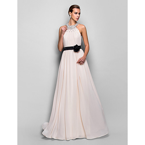 

A-Line Halter Neck Floor Length Georgette Open Back Formal Evening Dress with Sash / Ribbon / Flower by TS Couture