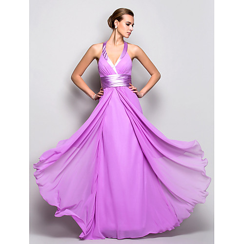 

A-Line Open Back Prom Formal Evening Military Ball Dress Halter Neck Sleeveless Floor Length Georgette with Criss Cross Ruched 2021