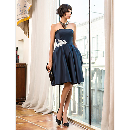 

A-Line Strapless Knee Length Satin Cocktail Party Dress with Appliques by TS Couture