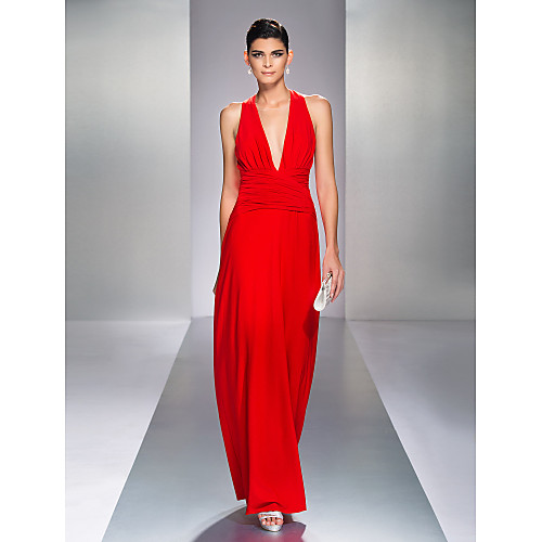 

Sheath / Column Open Back Prom Formal Evening Dress Plunging Neck Sleeveless Floor Length Jersey with Criss Cross Side Draping 2021