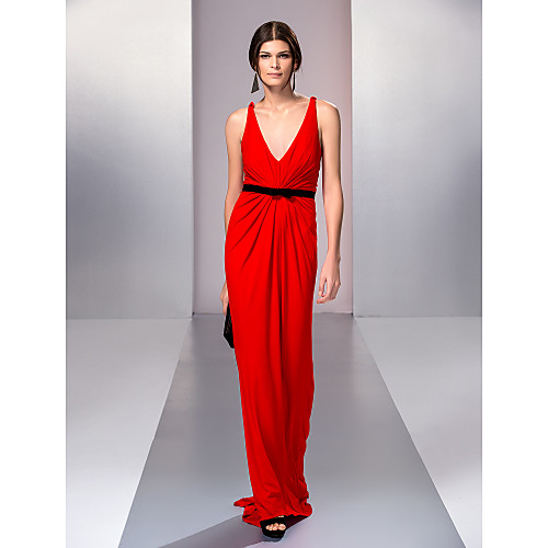 

A-Line Open Back Prom Formal Evening Military Ball Dress V Neck Sleeveless Sweep / Brush Train Jersey with Sash / Ribbon Side Draping 2021