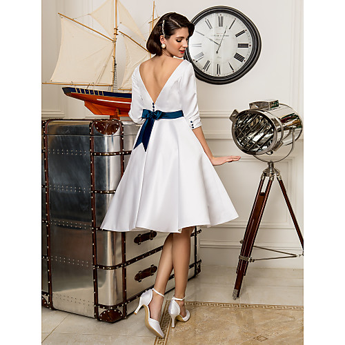 

A-Line Wedding Dresses Bateau Neck Knee Length Satin 3/4 Length Sleeve Simple Casual Vintage Plus Size Cute with Sash / Ribbon Button 2021