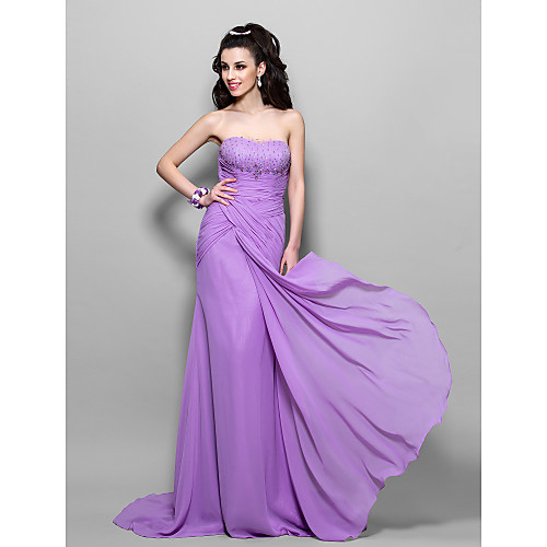 

Mermaid / Trumpet Open Back Prom Formal Evening Military Ball Dress Strapless Sleeveless Sweep / Brush Train Chiffon with Criss Cross Beading Cascading Ruffles 2021