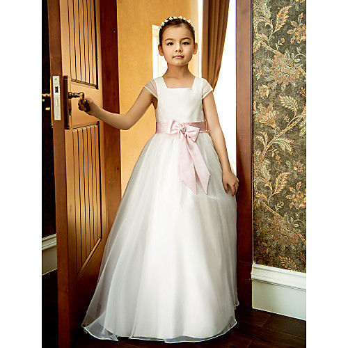 

A-Line Ankle Length Flower Girl Dresses Wedding Organza Short Sleeve Square Neck with Lace / Fall / Spring / Summer / First Communion