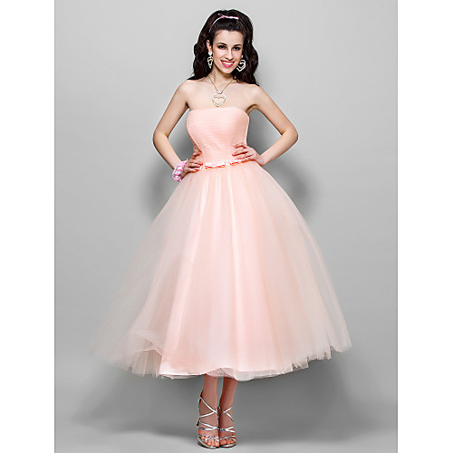 

Ball Gown 1950s Prom Formal Evening Dress Strapless Sleeveless Tea Length Tulle with Bow(s) Ruched 2021