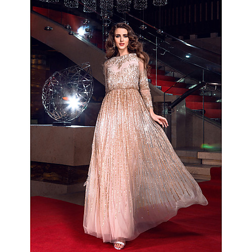 

Sheath / Column Elegant Sparkle & Shine See Through Prom Formal Evening Military Ball Dress Bateau Neck Long Sleeve Floor Length Tulle with Beading 2020
